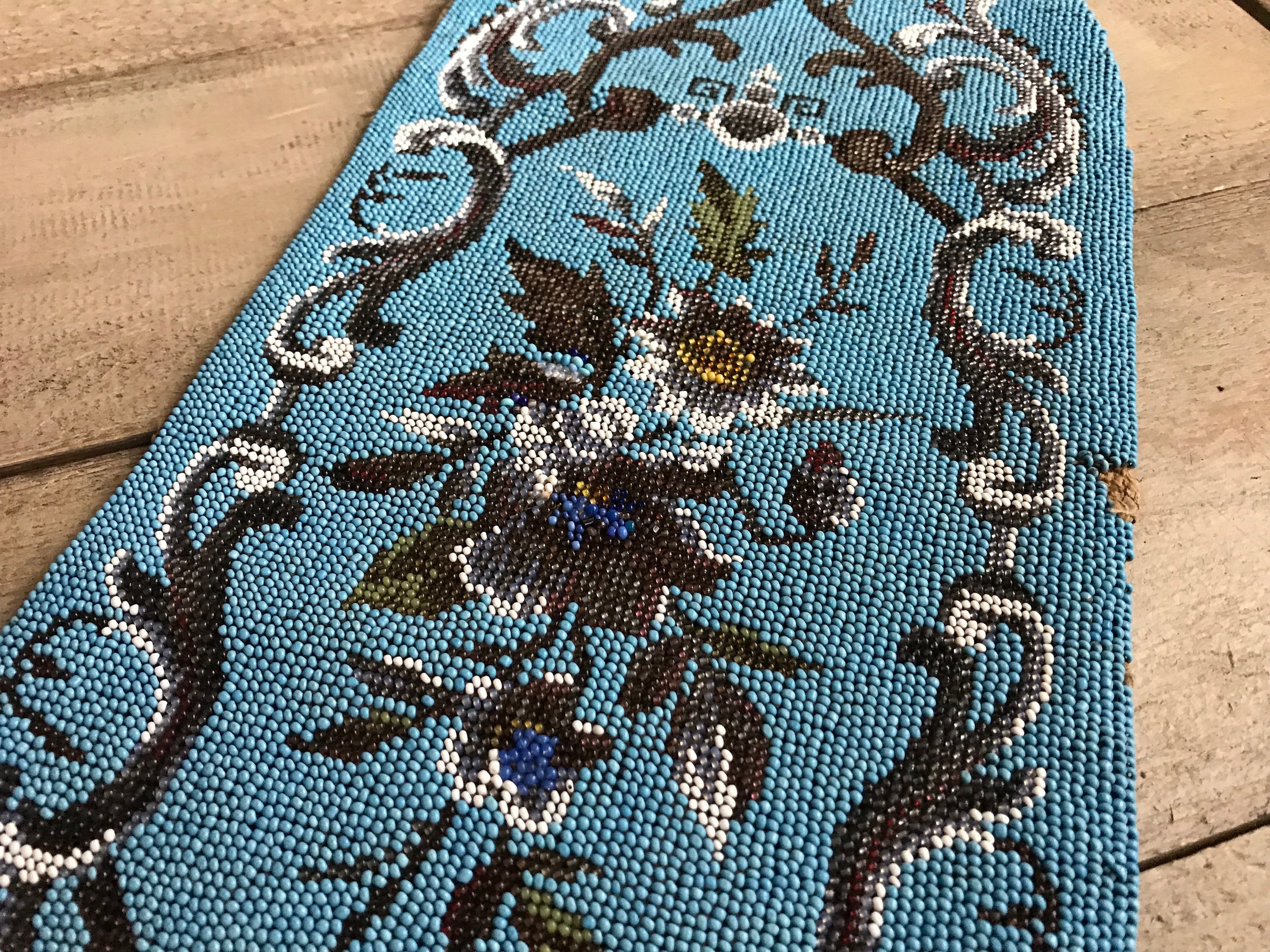 1点物⭕️お安く!◎Custom vintage fabric◎FLEX 8.7 1800s Hand Beaded Floral Tapestry Panel, Victorian Era, Turquoise