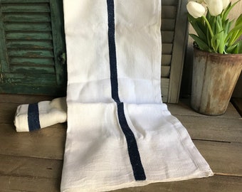 1 French Linen Table Runner, Indigo Stripe, Linen, Farmhouse Table Linen