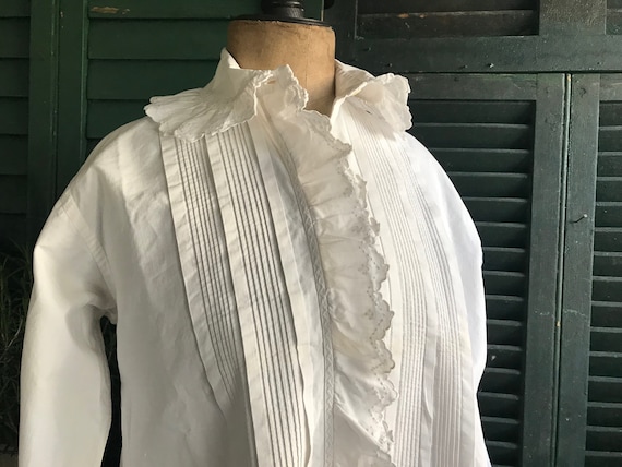 French White Cotton Chemise Blouse, Chemisier, Ru… - image 1