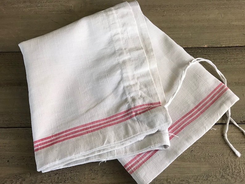 French Linen Sack, Red Stripe Ticking Laundry Cinch Bag, French Fabric Textiles image 1