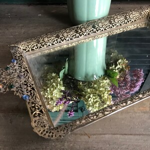 Antique Jeweled Dresser Tray, Boudoir Mirror, Art Nouveau Ormolu Filigree Mirrored Tray KH image 3