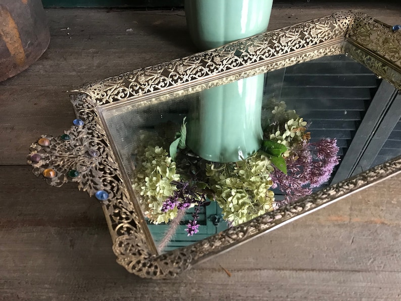 Antique Jeweled Dresser Tray, Boudoir Mirror, Art Nouveau Ormolu Filigree Mirrored Tray KH image 3