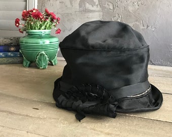 1920s French Cloche Hat, Black Silk Chiffon, Floral Rosette Accent