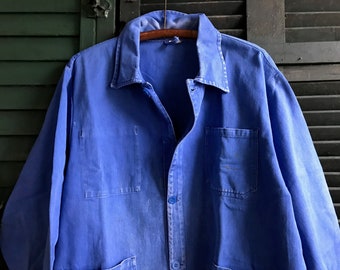 French Indigo Work Wear Jacket, Bleu De Travail Coat, Denim, Patch Repairs, Garden, Chore Wear Farmhouse Peasant
