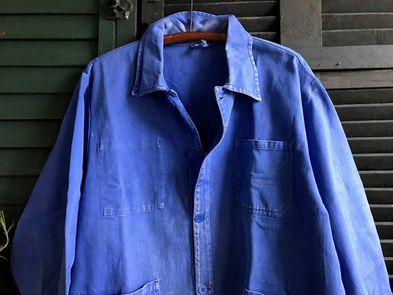 French Indigo Work Wear Jacket, Bleu De Travail Coat, Denim, Patch Repairs, Garden, Chore Wear Farmhouse Peasant image 1