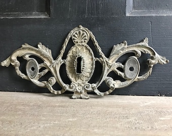 19th C French Ormolu Escutcheon Plate, Key Hole Cover, Scrolling Leaf, Antique Hardware, Antique Hardware Furniture Salvage