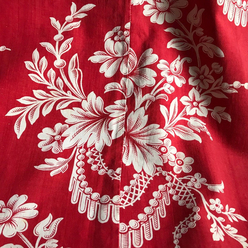 French Red Floral Cotton Print Fabric, Remnant, Sewing Projects, French Historical Fabric Textiles image 5
