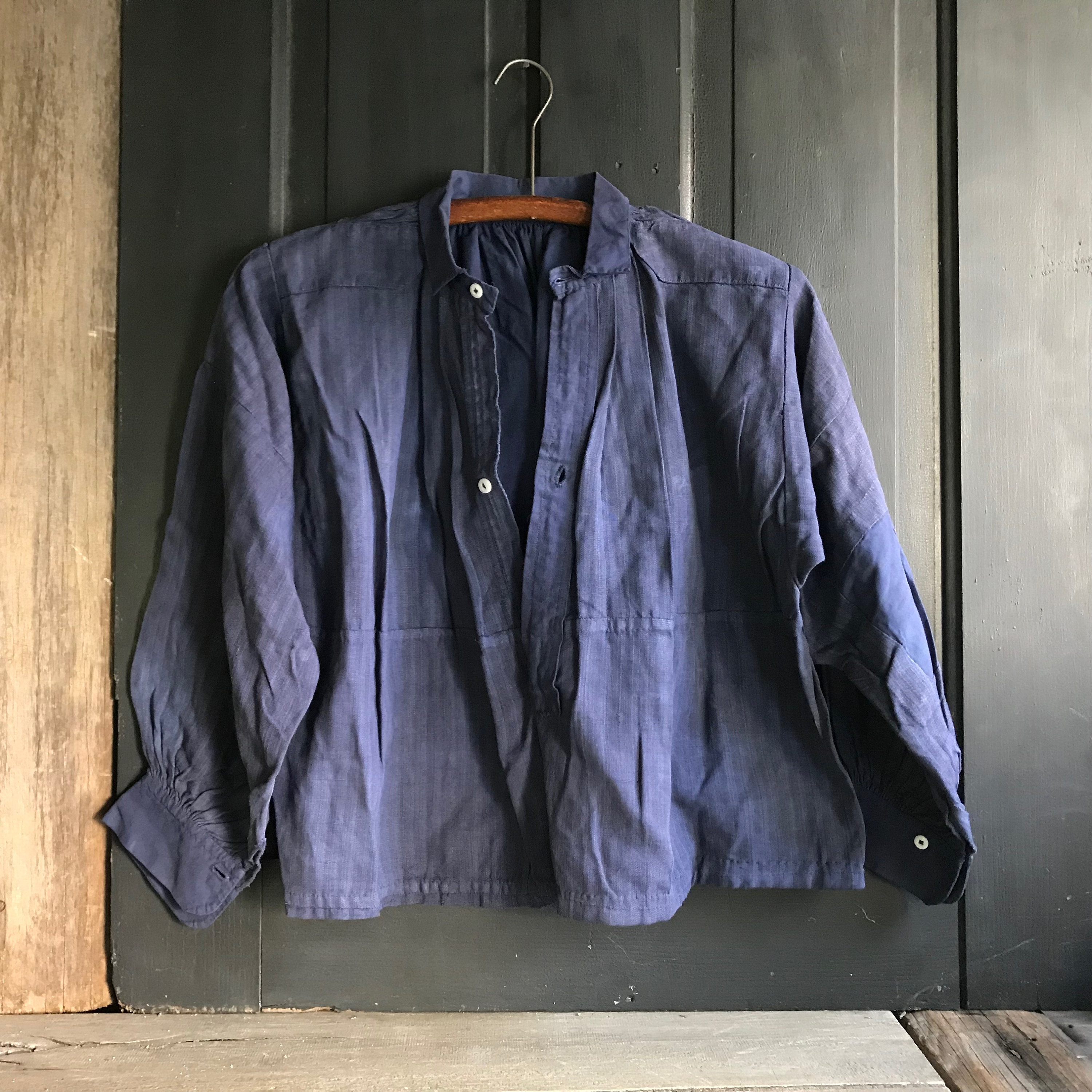French Indigo Linen Chemise Top, Patches, Workwear Shirt, Artist