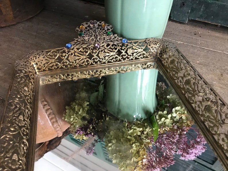 Antique Jeweled Dresser Tray, Boudoir Mirror, Art Nouveau Ormolu Filigree Mirrored Tray KH image 5
