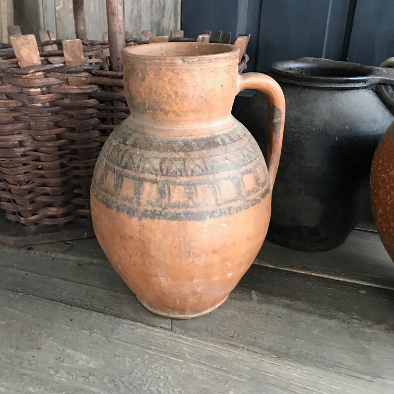 Antique Pottery Jug, Pitcher, Vase, Redware, Folk Art, Tribal, Rustic Terra Cotta, Handmade, 19th C, Rustic European Farmhouse, Farm Table image 1