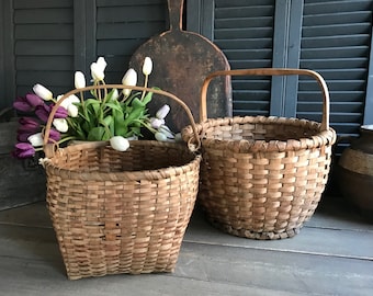 Cestino rustico in salice, vimini, manico in legno curvato, cesto a doghe, agriturismo, cesto pasquale da giardino fiorito