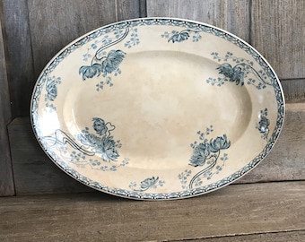 French Faïence Platter, Floral Indigo, Opaque Ironstone, Sarreguemines, Floral Pattern, Tea Stained