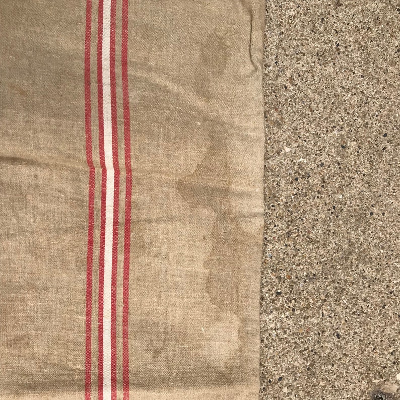 French Linen Grain Sack, Red White Stripe, Upholstery, Pillow Craft Fabric, Rustic French Farmhouse image 8