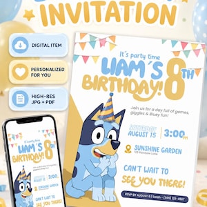 Bluey Birthday Invitation, Personalized Kids Birthday Party Invite, Digital Birthday Invitation