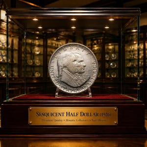 Pode incluir: Uma moeda comemorativa de tom prateado com os perfis de George Washington e Calvin Coolidge, exibida numa vitrine. Uma placa de latão na base de madeira diz: Sesquicent Half Dollar (1926) Premium Quality Historic Collector's Rare Histor.
