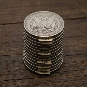 May include: A vertical stack of silver-toned Morgan dollar coins. The top coin displays an eagle with wings spread, the text UNITED STATES OF AMERICA, IN GOD WE TRUST, and ONE DOLLAR. Small paper tabs with handwritten numbers are inserted between the coins.