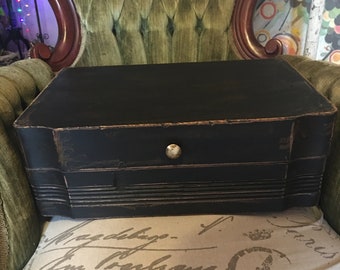 distressed jewelry box or stash box. burgundy velvet lining, vintage jewelry box, vintage silverware case.free shipping