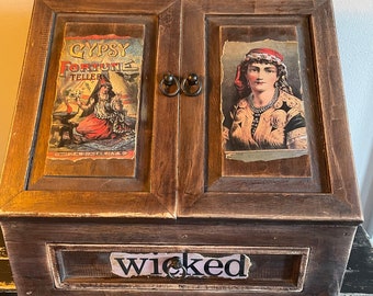 dresser caddy, dresser desk, vintage desk top, distressed wood, gypsy, fortune teller, wicked, free shipping