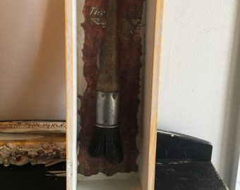 vintage paint brush from France in shadowbox, vintage paper, distressed box, Art paint brush free shipping