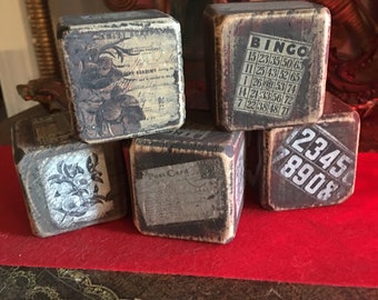 vintage blocks, French country blocks, distressed black with images, free shipping set of 5 blocks