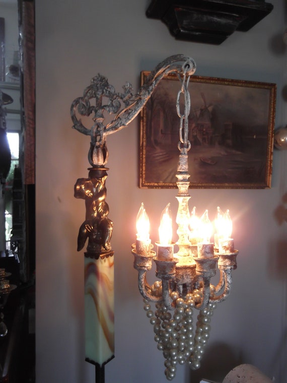Vintage Agate Ornate Chandelier Floor Lamp Pearls Cherub Vintage Agate Ornate Chandelier Floor, Chandelier Floor Lamp
