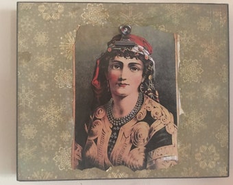 a photo clip board with a beautiful gypsy woman, vintage style paper, free shipping, fortune teller, gypsy