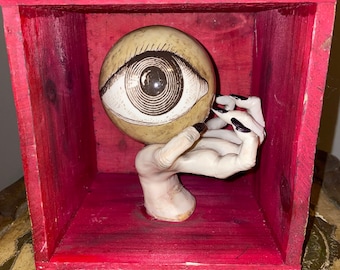 Gothic shadowbox with scary hand holding the all seeing eye,  wooden shadow box, gypsy, fortune teller,  free shipping in usa