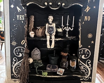 doll furniture, miniature china cabinet, haunted cabinet  free shipping witchy decor spell books, tarot cards frogs spell items