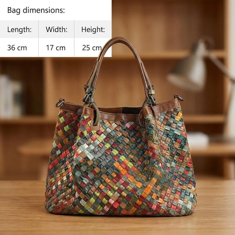 Puede incluir: Un bolso de mano tejido multicolor con ribetes y asas de cuero marr&oacute;n. El bolso presenta un patr&oacute;n de cuadros con cuadrados rojos, verdes, azules, amarillos y naranjas. Las dimensiones son 36 cm de largo, 17 cm de ancho y 25 cm de alto.