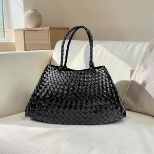 Bolso tote de piel tejida para mujer, bolso de hombro de piel de becerro italiana, bolso de trabajo grande y suave, regalo tejido a mano para ella.