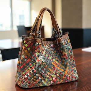 May include: A multi-coloured woven handbag featuring a complex grid pattern of small squares in shades of red, orange, yellow, green, blue, and brown. The bag includes two brown leather handles attached with metal rings and a brown leather trim.