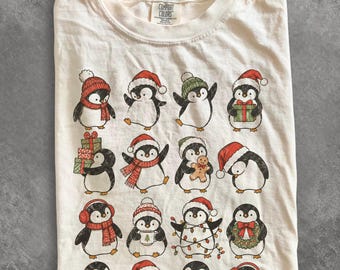 Comfort Colors® Christmas Penguins Shirt, Retro Penguin Christmas Shirt, Vintage Holiday Animal Tee, Festive Penguin T-Shirt, Xmas Gift