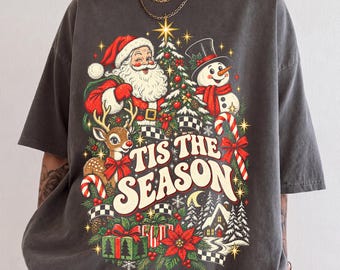Comfort Colors® Retro Christmas Shirt, Tis The Season Tee, Santa Reindeer T-Shirt, Festive Snowman Shirt, Xmas Gifts, Holiday Graphic Tee