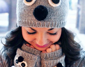 Care to Cuddle KNITTING PATTERN INSTRUCTIONS Knitted Koala and Owl Hat and Fingerless Mitten Set