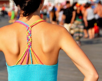 Sunshine and Lollipops Braided Rainbow Strappy Back Tank Top with Geo Lace Edge Knitting Pattern INSTRUCTIONS