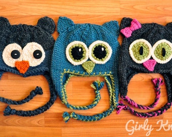 Owl Be There Family of Animal Hats KNITTING PATTERN Charcoal Blue Bear Owl Hat, Teal Owl Hat, and Grey Cat Hat