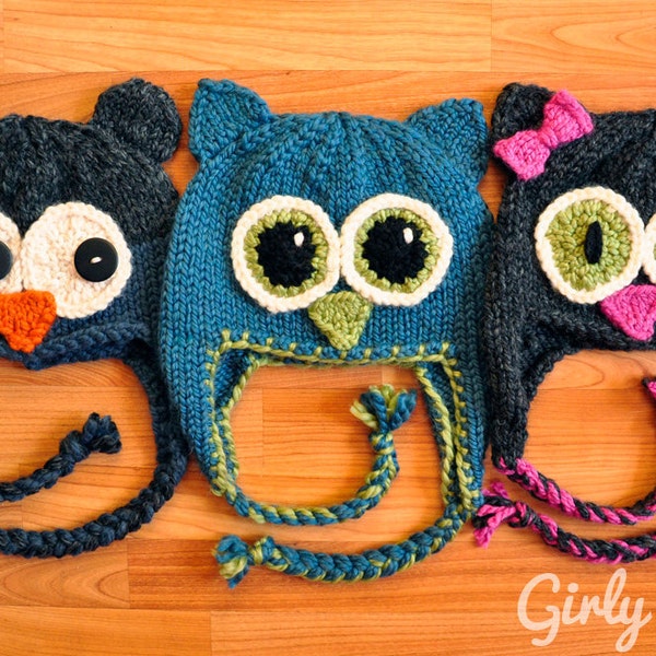 Owl Be There Family of Animal Hats KNITTING PATTERN Charcoal Blue Bear Owl Hat, Teal Owl Hat, and Grey Cat Hat