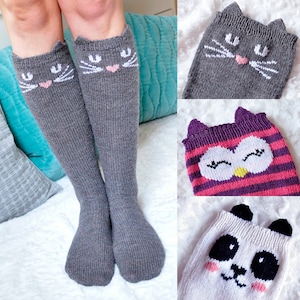 Check Meowt! Cat, Owl, and Panda Knee High Animal Socks KNITTING PATTERN in Girls and Adult Sizes