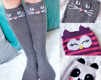 Check Meowt! Cat, Owl, and Panda Knee High Animal Socks KNITTING PATTERN in Girls and Adult Sizes