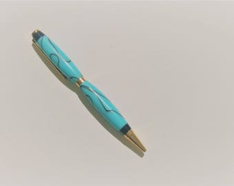 Black Ink Refillable Twist Pen with Turquoise Acrylic Finish and Gold Accents