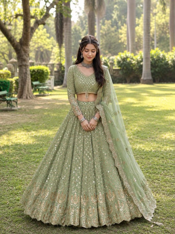 Sage Green Lehenga Choli Set, Heavy Embroidery with Zari and Sequin Details