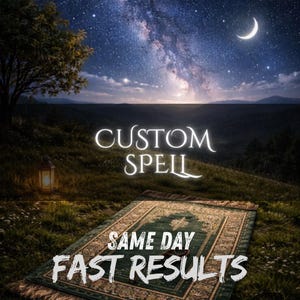 May include: A rectangular green prayer rug with intricate gold-colored patterns lies on a grassy hill at night. The text CUSTOM SPELL is centered above, and SAME DAY FAST RESULTS is printed in white letters over the rug against a starry sky background.