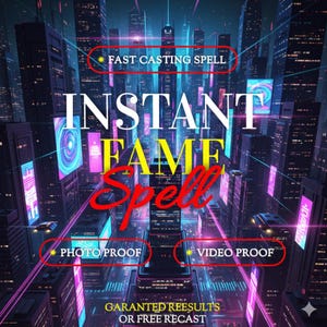 May include: A digital graphic featuring a futuristic cityscape with neon blue and purple lights. The text reads: FAST CASTING SPELL, INSTANT FAME Spell, PHOTO PROOF, VIDEO PROOF, and GARANTED REESULTS OR FREE RECAST in white, yellow, and red lettering.