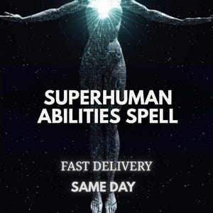 Puede incluir: Un gráfico digital que muestra una silueta humanoide oscura y texturizada sobre un fondo estrellado con una luz brillante en el pecho. El texto dice SUPERHUMAN ABILITIES SPELL, FAST DELIVERY y SAME DAY en letras mayúsculas blancas y negritas.