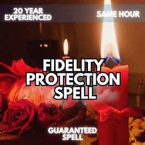 Peut inclure: Deux bougies rouges aux flammes allumées, des roses rouges et une grenade. Le texte indique : 20 YEAR EXPERIENCED, SAME HOUR, FIDELITY PROTECTION SPELL, GUARANTEED SPELL. La scène est faiblement éclairée avec une lueur chaude sur les éléments.
