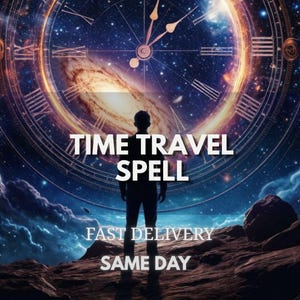 May include: A digital illustration featuring a silhouette of a person standing on a rocky surface against a backdrop of a large clock face and a swirling galaxy. The text reads TIME TRAVEL SPELL, FAST DELIVERY, and SAME DAY in white lettering.