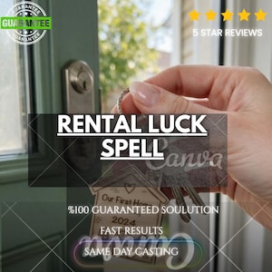 May include: A wooden house-shaped keyring with the text Our First Home 2024 engraved on it, attached to a metal ring. The text RENTAL LUCK SPELL is overlaid in white, along with 5 STAR REVIEWS and a green GUARANTEE circular badge.