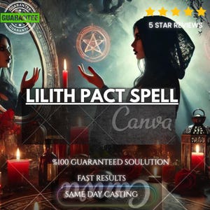 Puede incluir: Un gráfico digital que muestra a una persona con una capa oscura con capucha frente a un espejo con velas rojas, rosas rojas y un símbolo de pentagrama brillante. El texto incluye LILITH PACT SPELL, 5 STAR REVIEWS, 100% GUARANTEED SOULUTION, FAST RESULTS y SAME DAY CASTING.