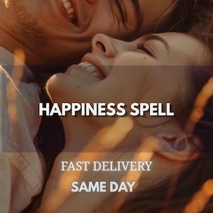 May include: A close-up photograph of two people laughing together, with the text HAPPINESS SPELL displayed in bold white letters across the centre, followed by the text FAST DELIVERY and SAME DAY in smaller white font below the main title.