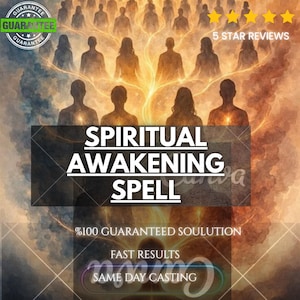 Może przedstawiać: Cyfrowa grafika przedstawiająca sylwetki ludzi na tle świecącego złotego drzewa, z tekstem SPIRITUAL AWAKENING SPELL, 100% GUARANTEED SOULUTION, FAST RESULTS, SAME DAY CASTING oraz 5 STAR REVIEWS wraz z pieczęcią gwarancyjną.